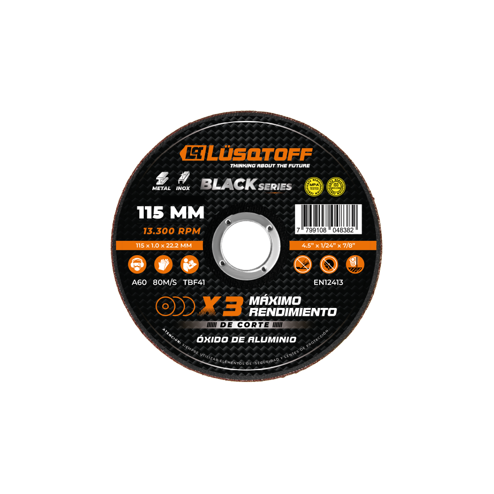 DISCO DE CORTE PARA ACERO / ACERO INOXIDABLE 115X1.6X22 - LUSQTOFF