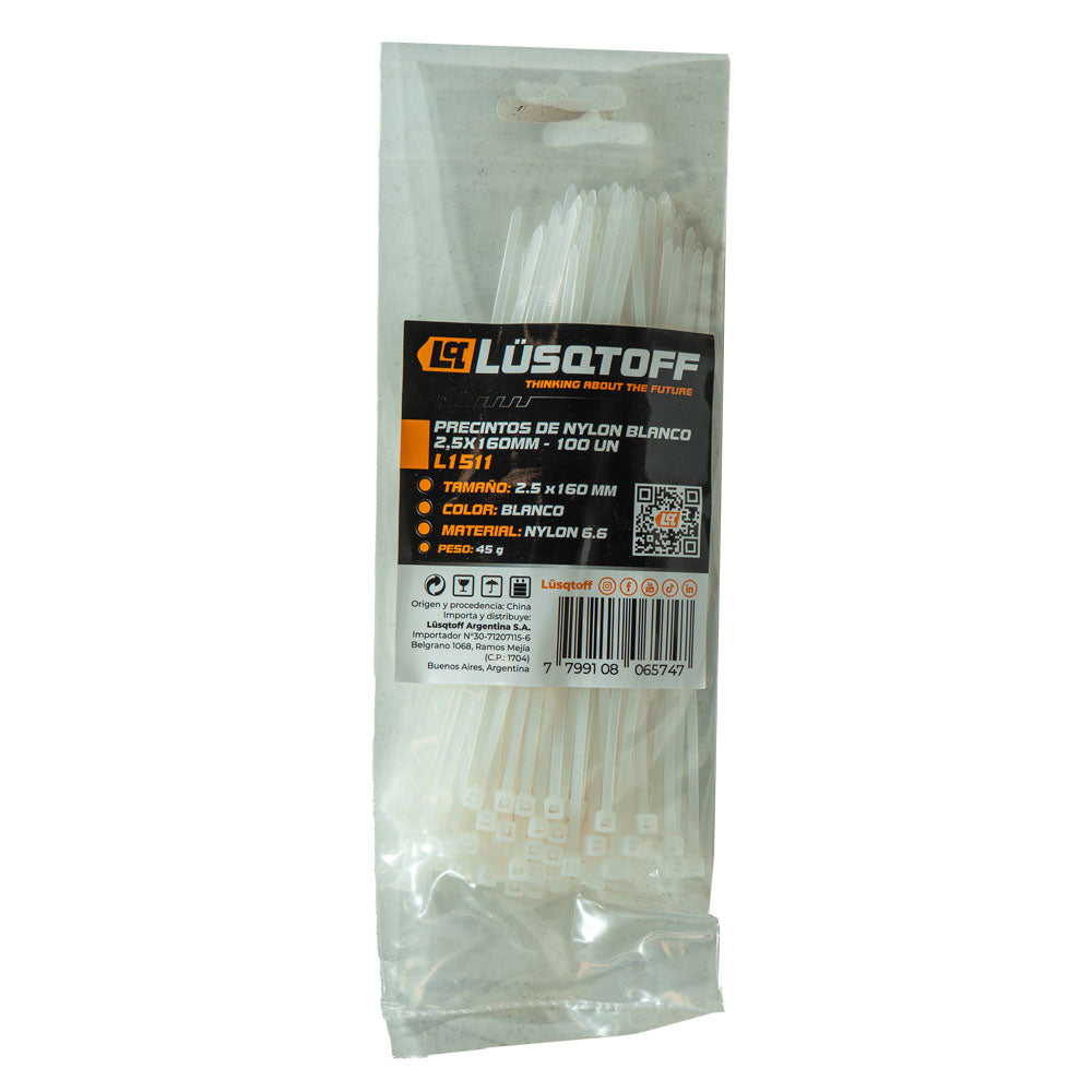 PRECINTOS DE NYLON BLANCO 2,5X160MM - 100 UN - LUSQTOFF
