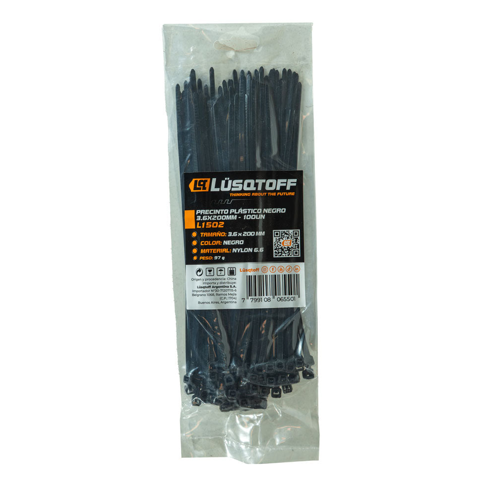 PRECINTOS DE NYLON NEGRO 3,6X200MM - 100 UN - LUSQTOFF