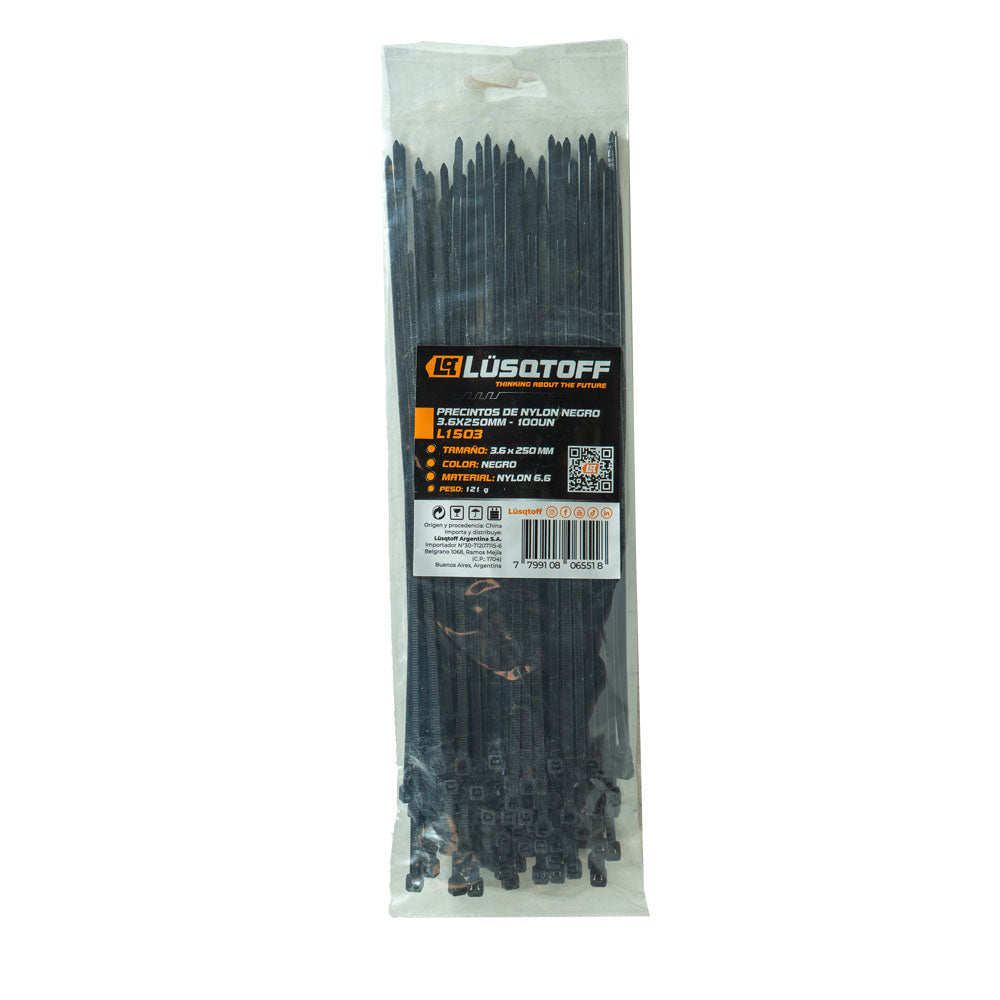 PRECINTOS DE NYLON NEGRO 3,6X250MM - 100 UN - LUSQTOFF