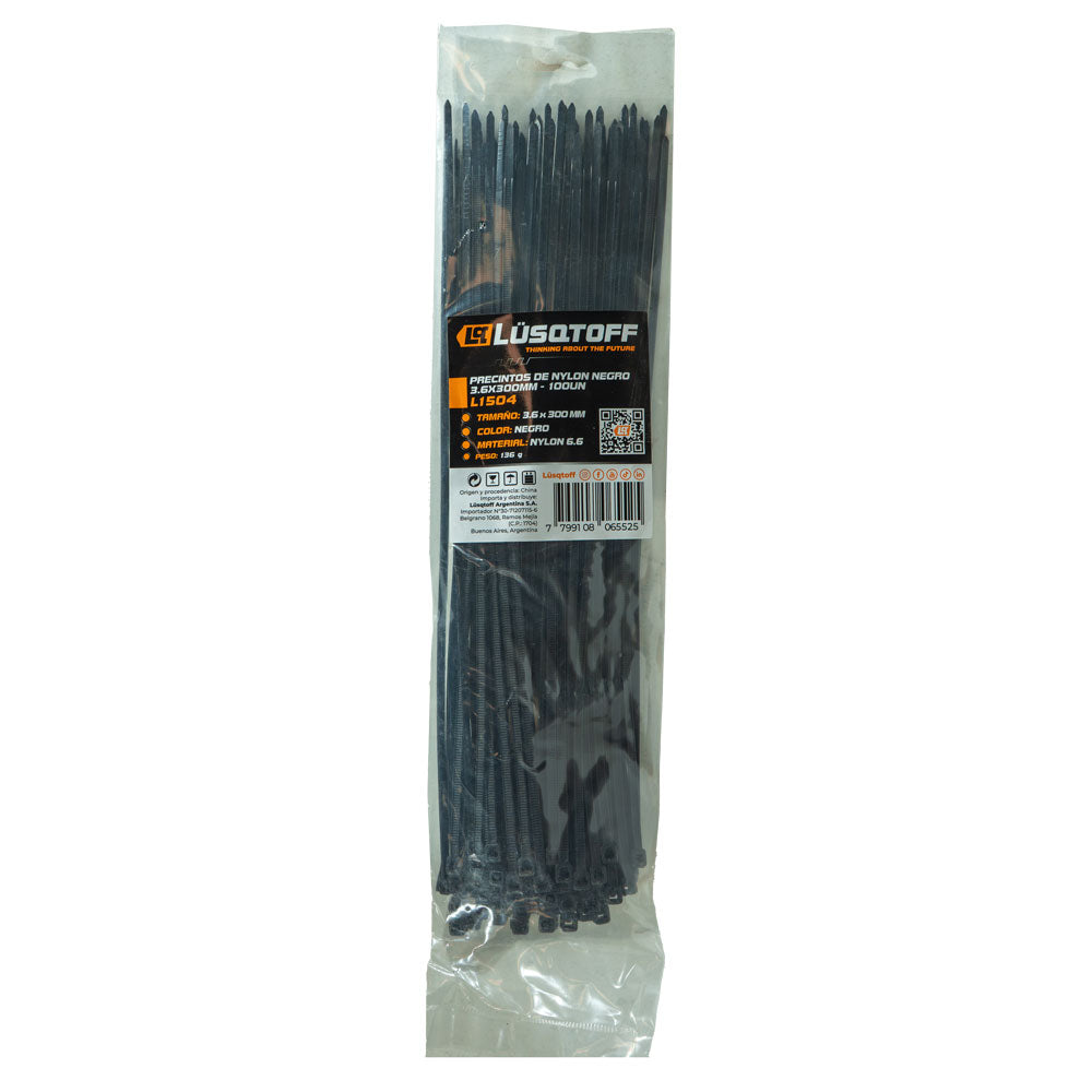 PRECINTOS DE NYLON NEGRO 3,6X300MM - 100 UN - LUSQTOFF