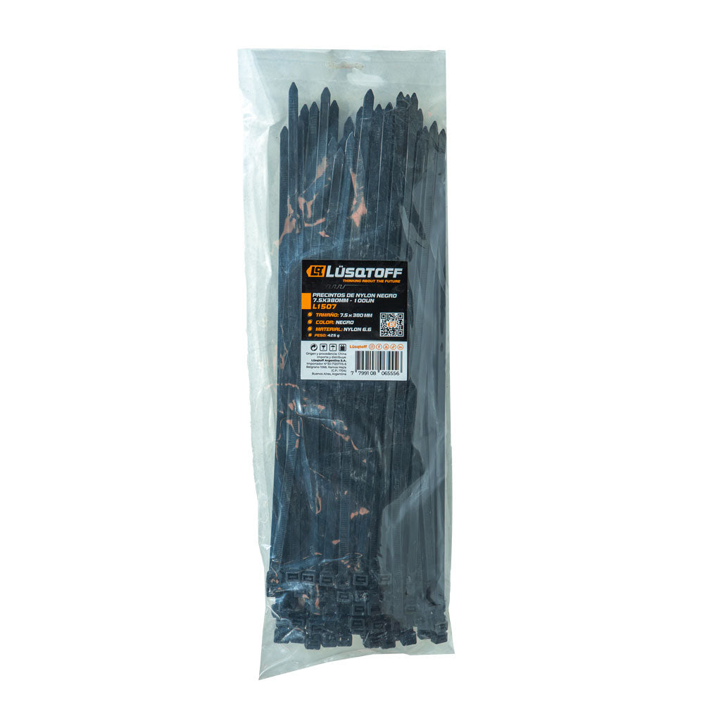 PRECINTOS DE NYLON NEGRO 7,5X380MM - 100 UN - LUSQTOFF