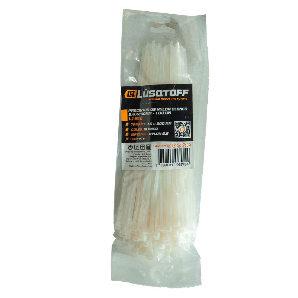 PRECINTOS DE NYLON BLANCO 3,6X200MM - 100 UN - LUSQTOFF