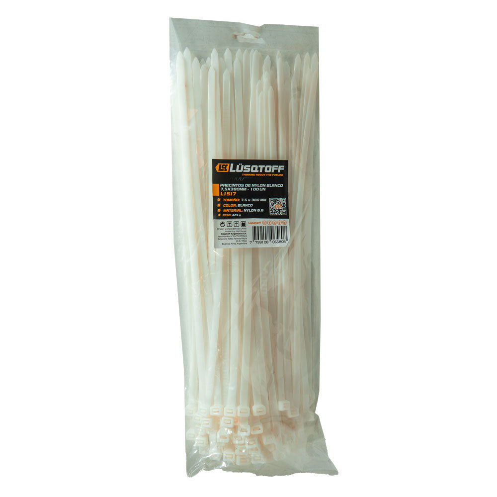 PRECINTOS DE NYLON BLANCO 7,5X380MM - 100 UN - LUSQTOFF