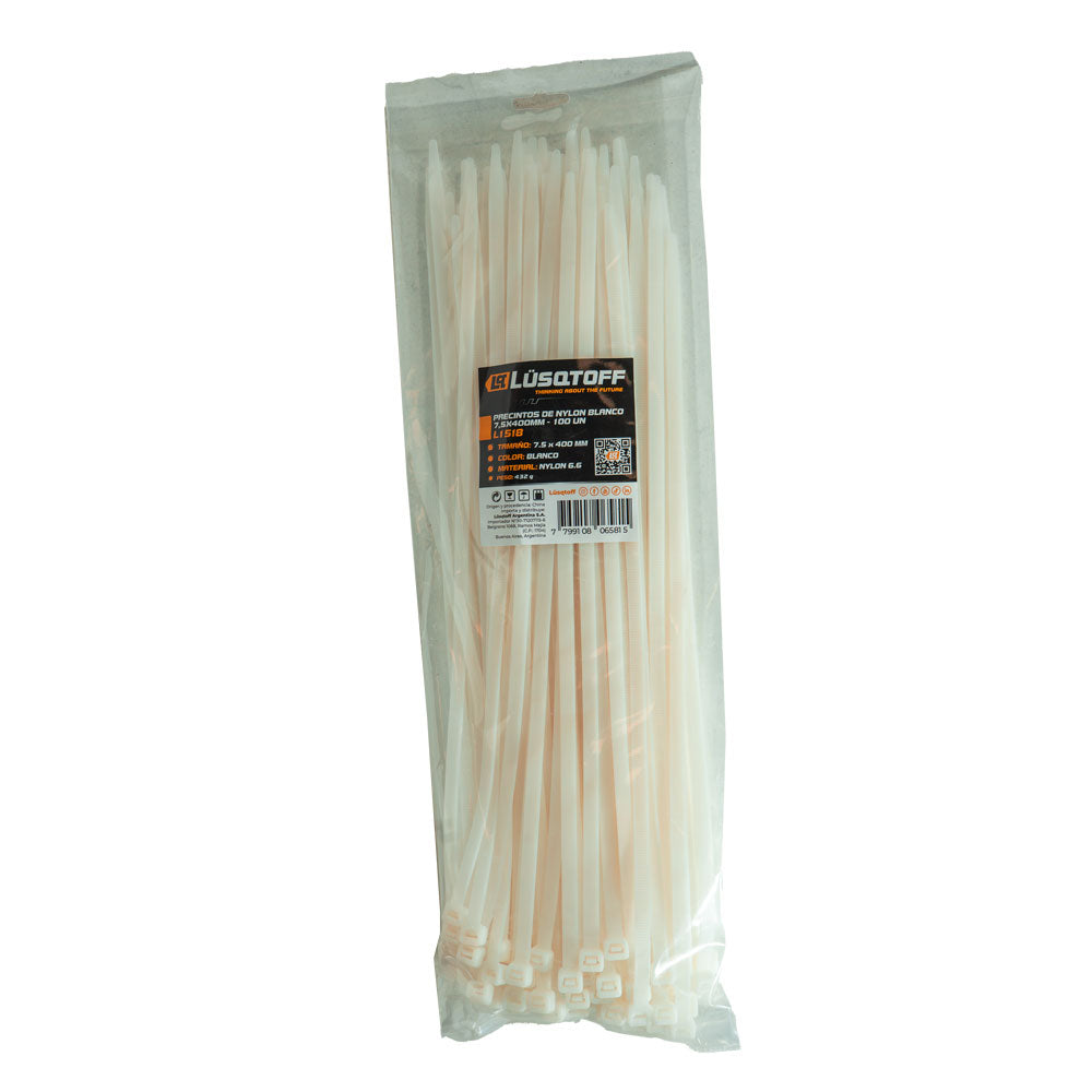 PRECINTOS DE NYLON BLANCO 7,5X400MM - 100 UN - LUSQTOFF