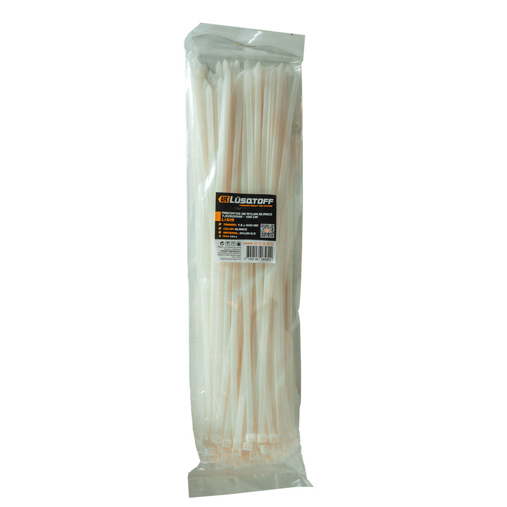 PRECINTOS DE NYLON BLANCO 7,5X500MM - 100 UN - LUSQTOFF