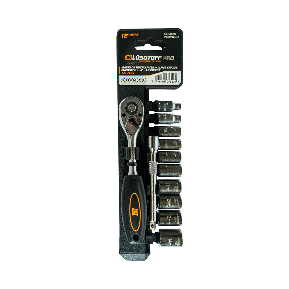 JUEGO DE BOCALLAVE Y LLAVE CRIQUE 12 PZAS ENCASTRE 1/4 - LUSQTOFF
