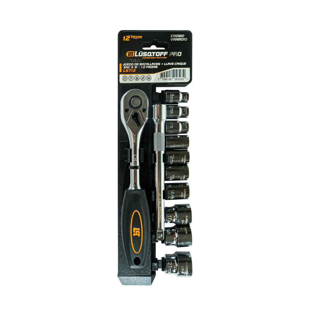 JUEGO DE BOCALLAVE Y LLAVE CRIQUE 12 PZAS ENCASTRE 3/8 - LUSQTOFF