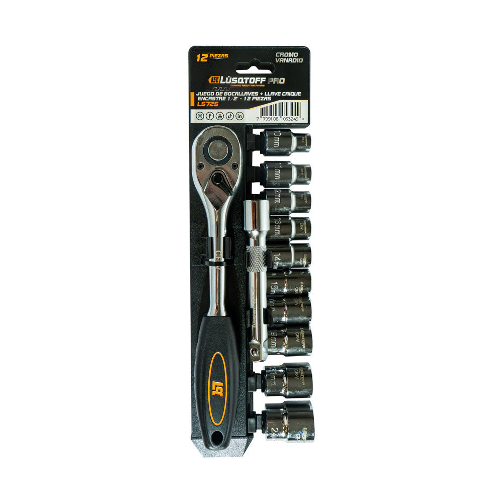 JUEGO DE BOCALLAVE Y LLAVE CRIQUE 12 PZAS ENCASTRE 1/2 - LUSQTOFF